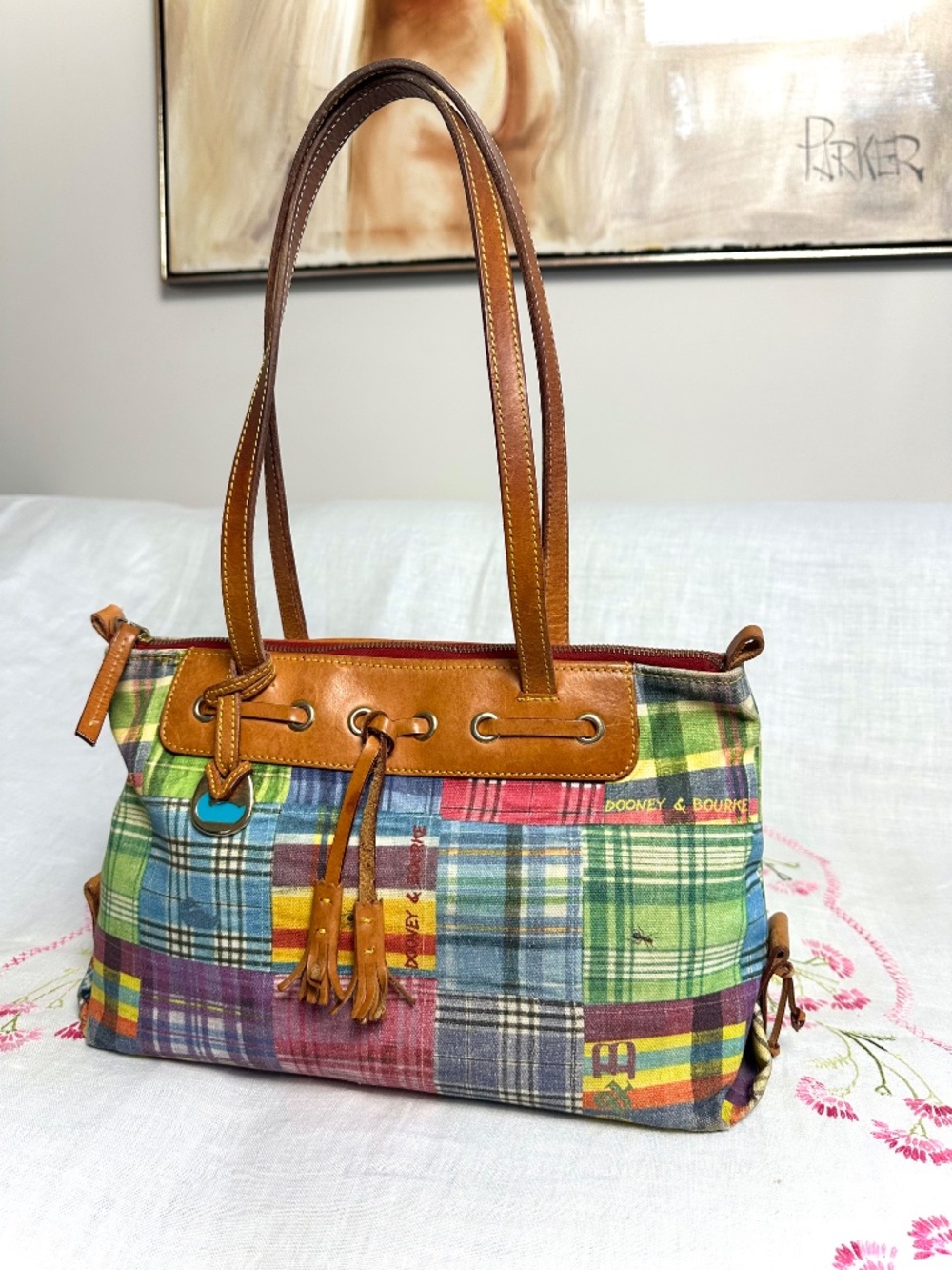 Vintage Dooney & Bourke Patchwork Madras Plaid Cottagecore Leather Shoulder Bag